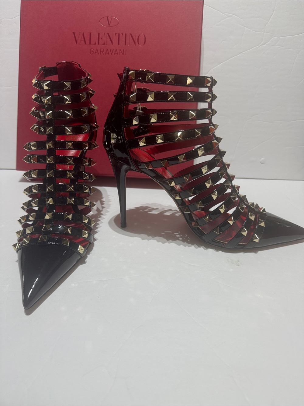 Valentino Garavani Black and Red Rockstud Cage Pointed Toe Stiletto Heels - Picture 3 of 14
